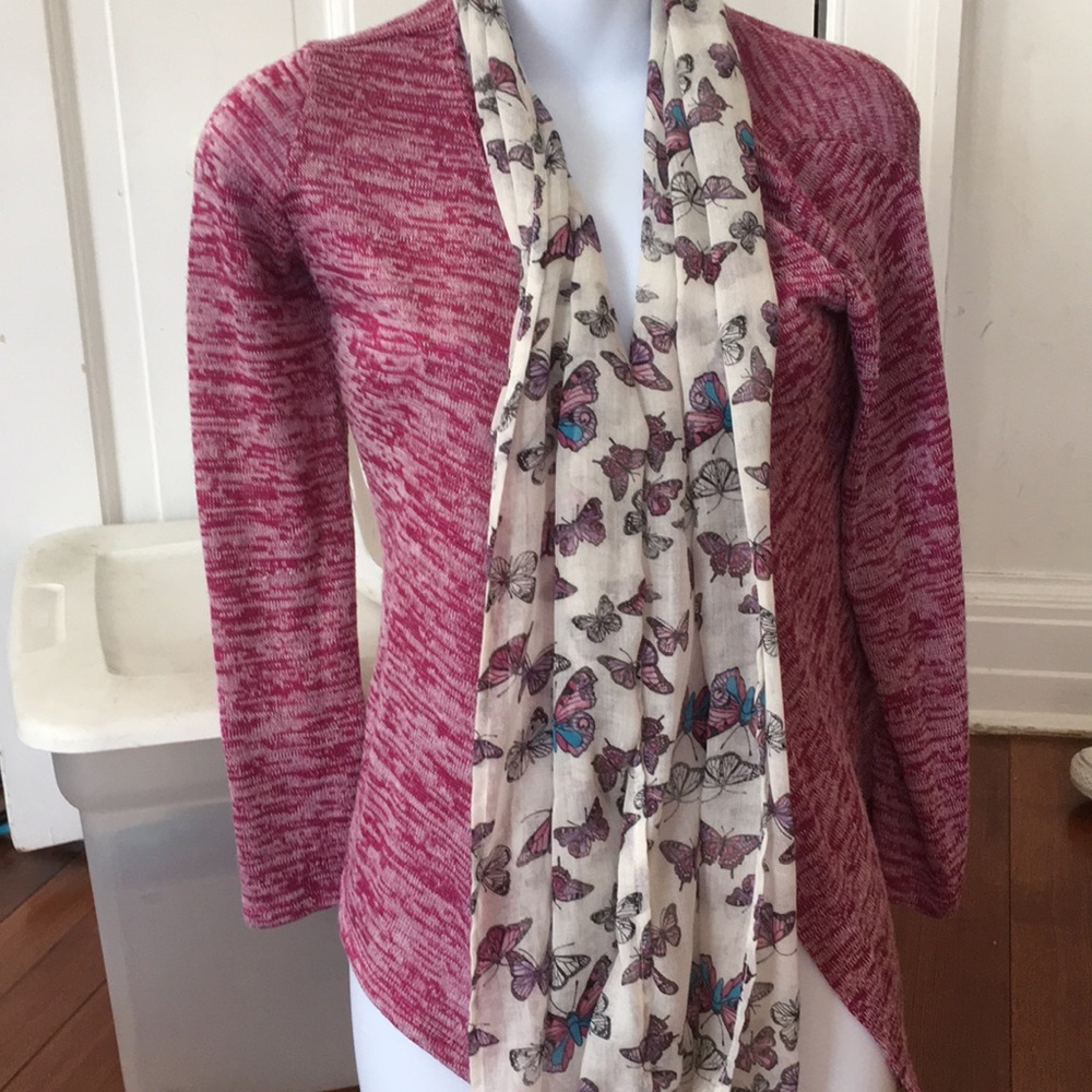 Purple sweater with butterfly scarf